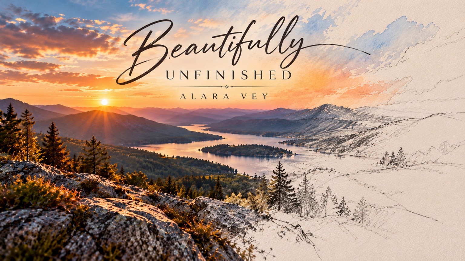 Beautifully Unfinished artwork by Alara Vey showing a sunrise over a mountain lake with sketched textures