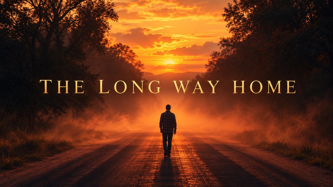The Long Way Home cover: solitary figure walking down a road at sunset